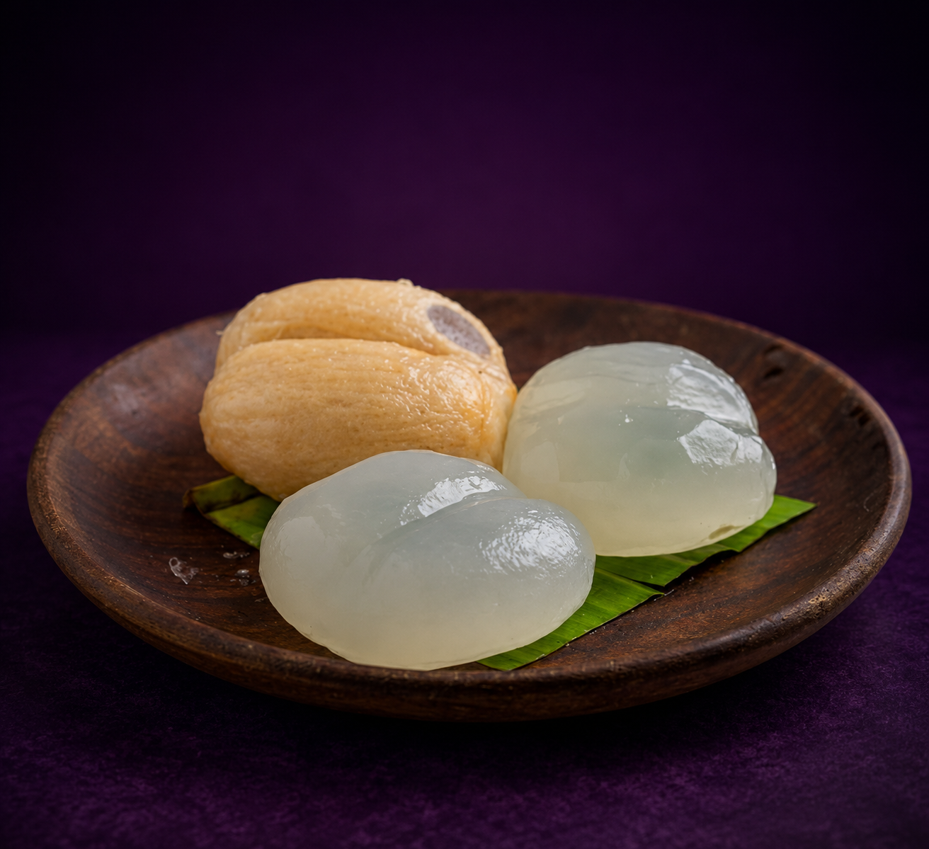 Fresh ice apple (Nungu) — whole and peeled fruits on a wooden plate with banana leaf, purple background