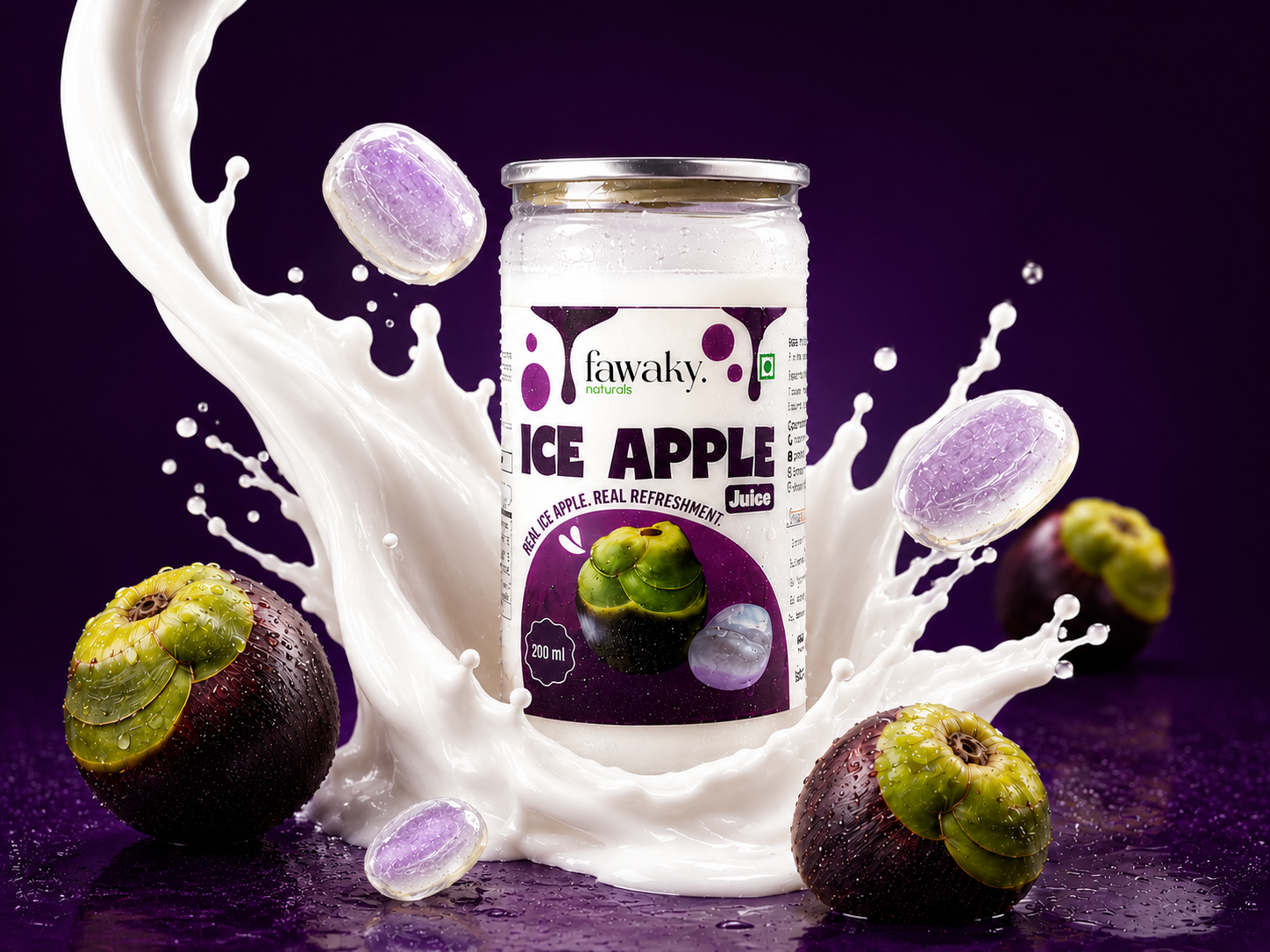 Ice Apple jar with milk splash and floating fruit