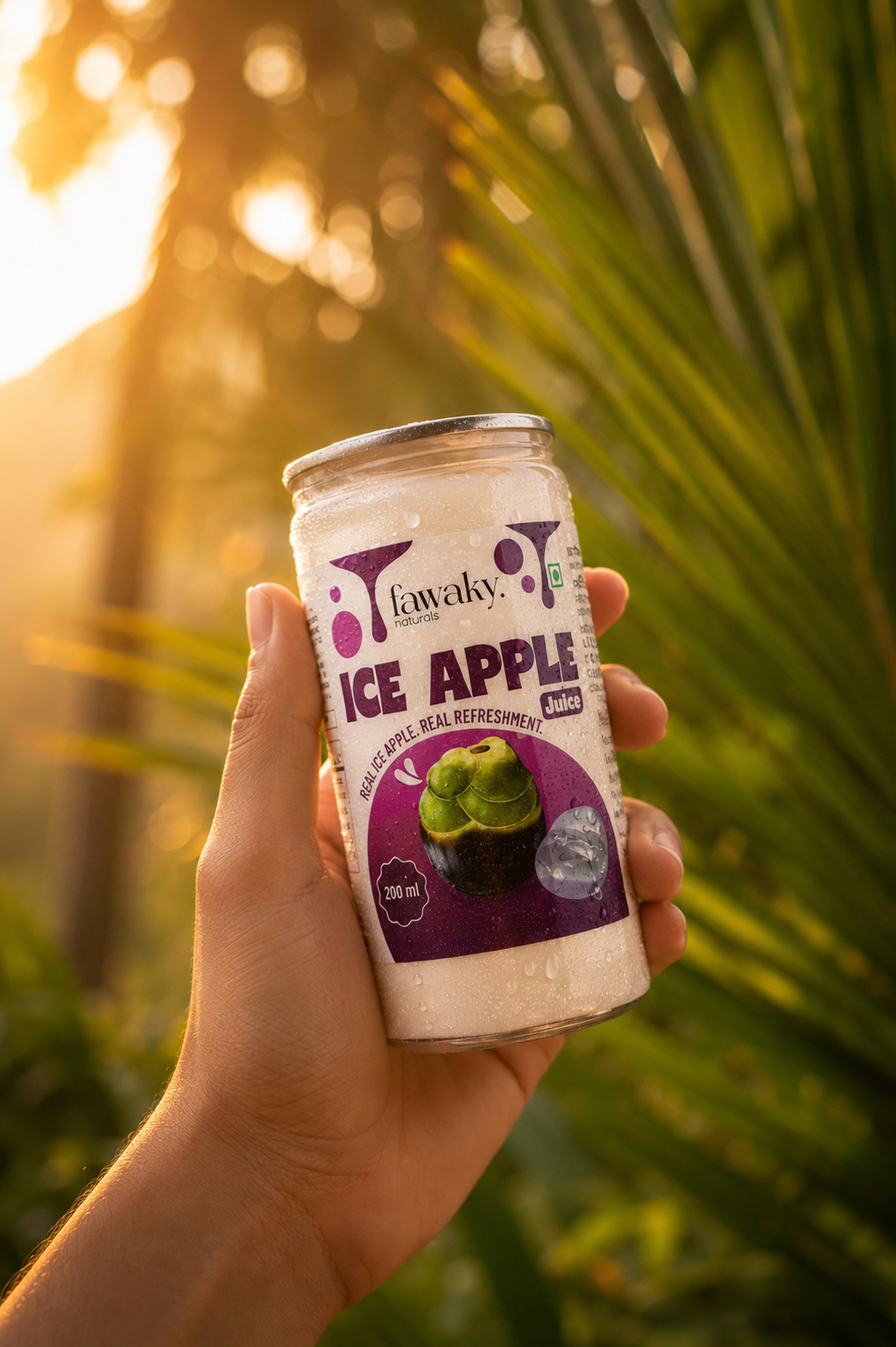 Hand holding Fawaky can in tropical setting