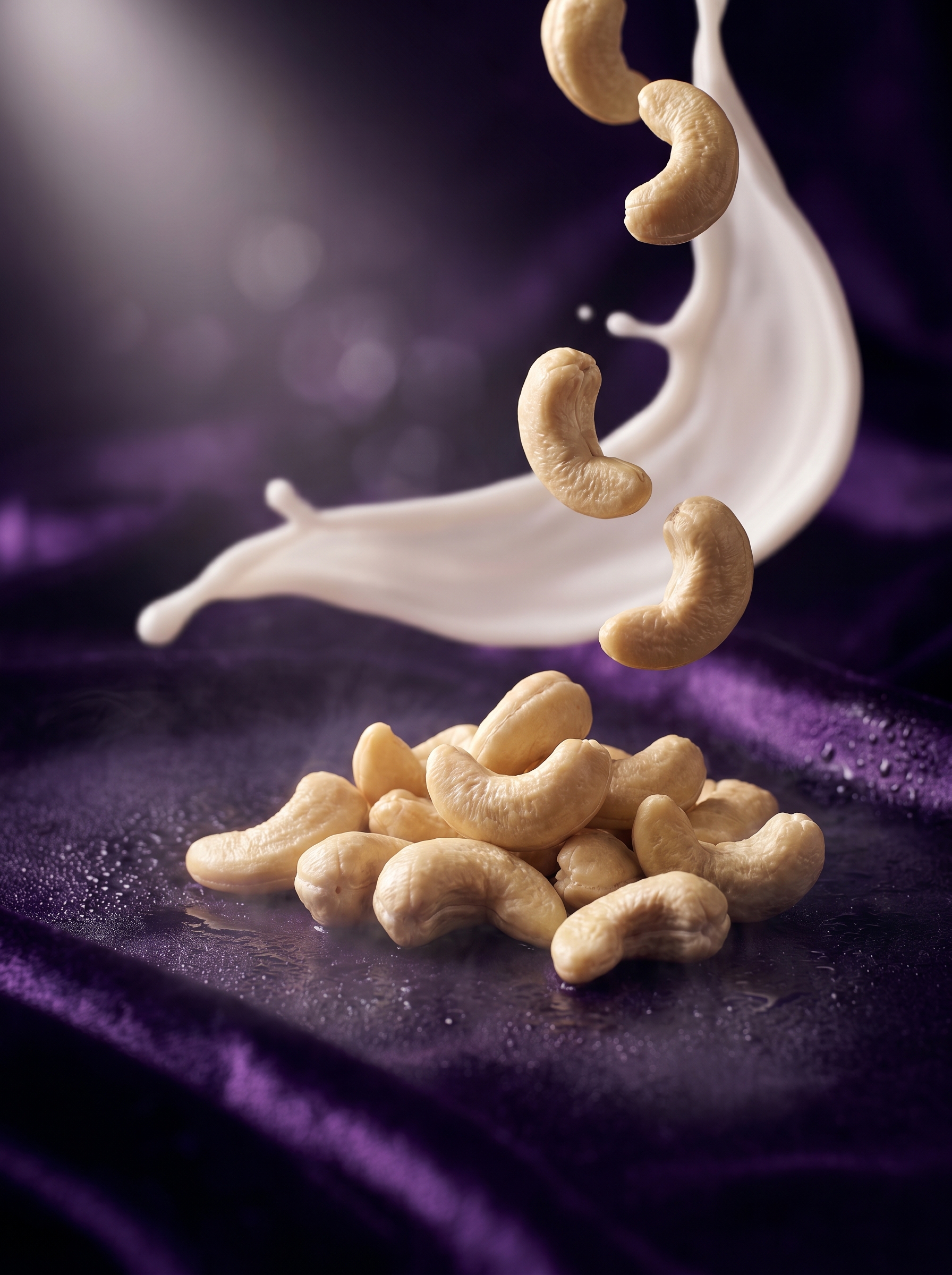 Cashews with a cream splash on a deep violet backdrop