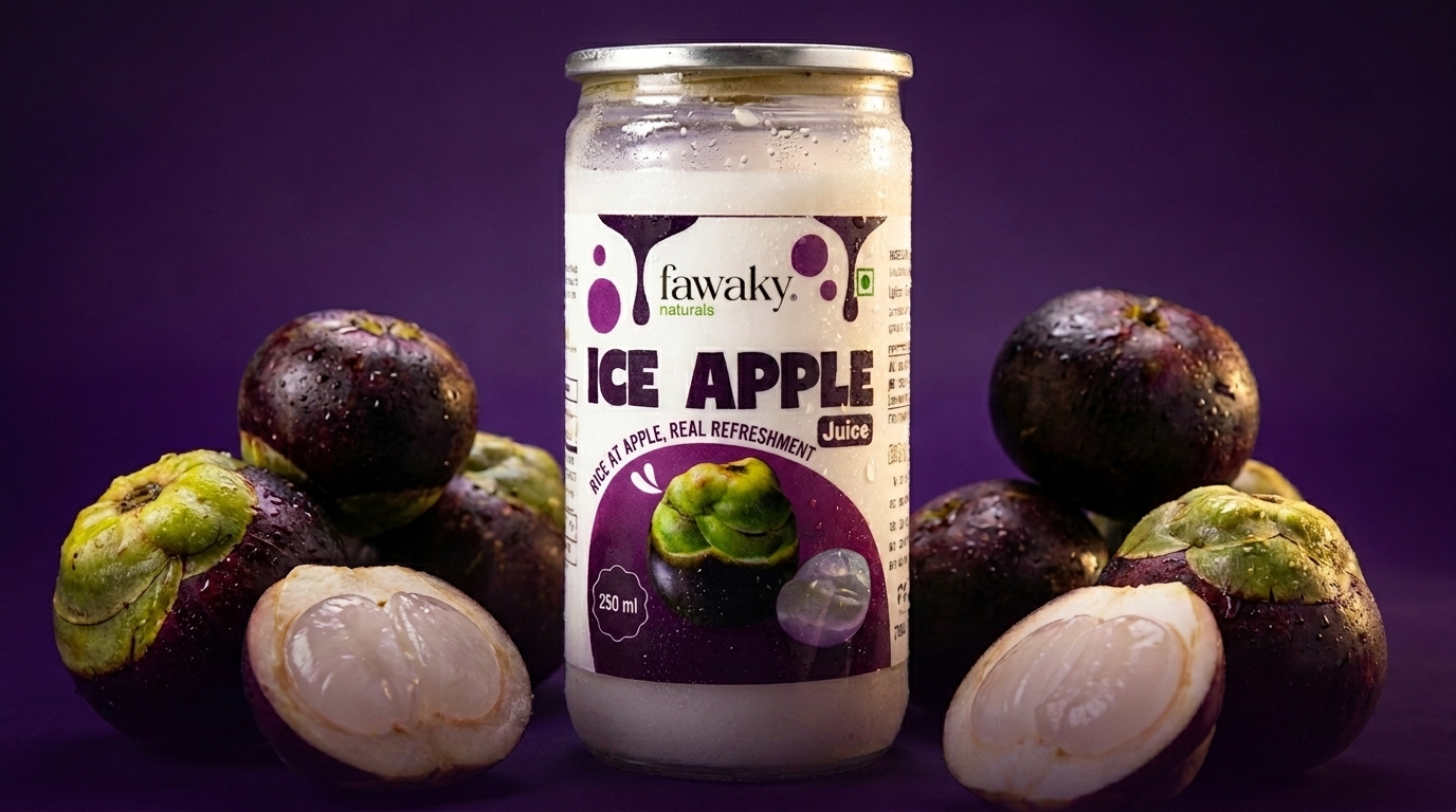 Fawaky Ice Apple can with ice apple fruits on purple background