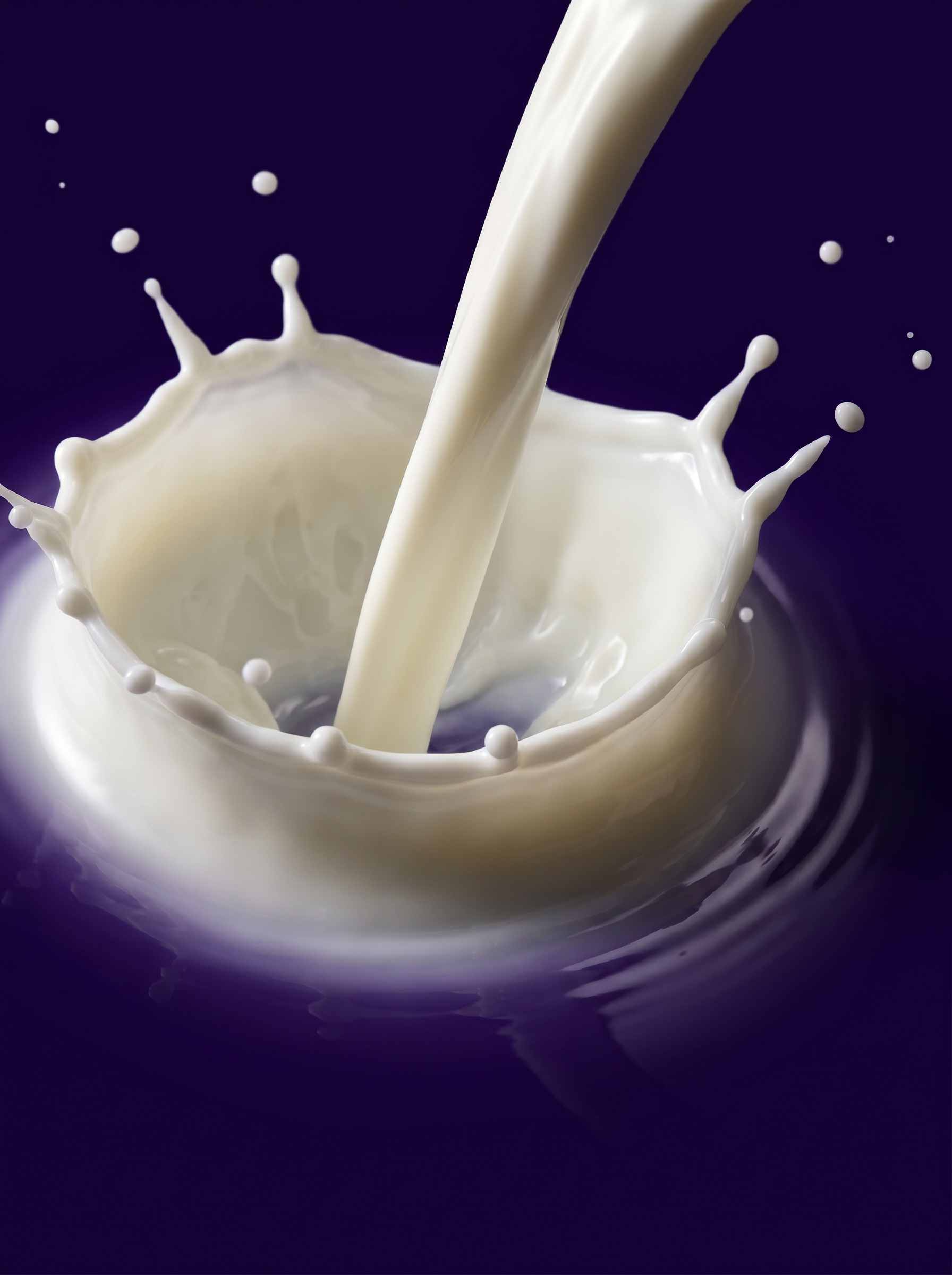 Milk poured into a splash crown on a deep violet backdrop