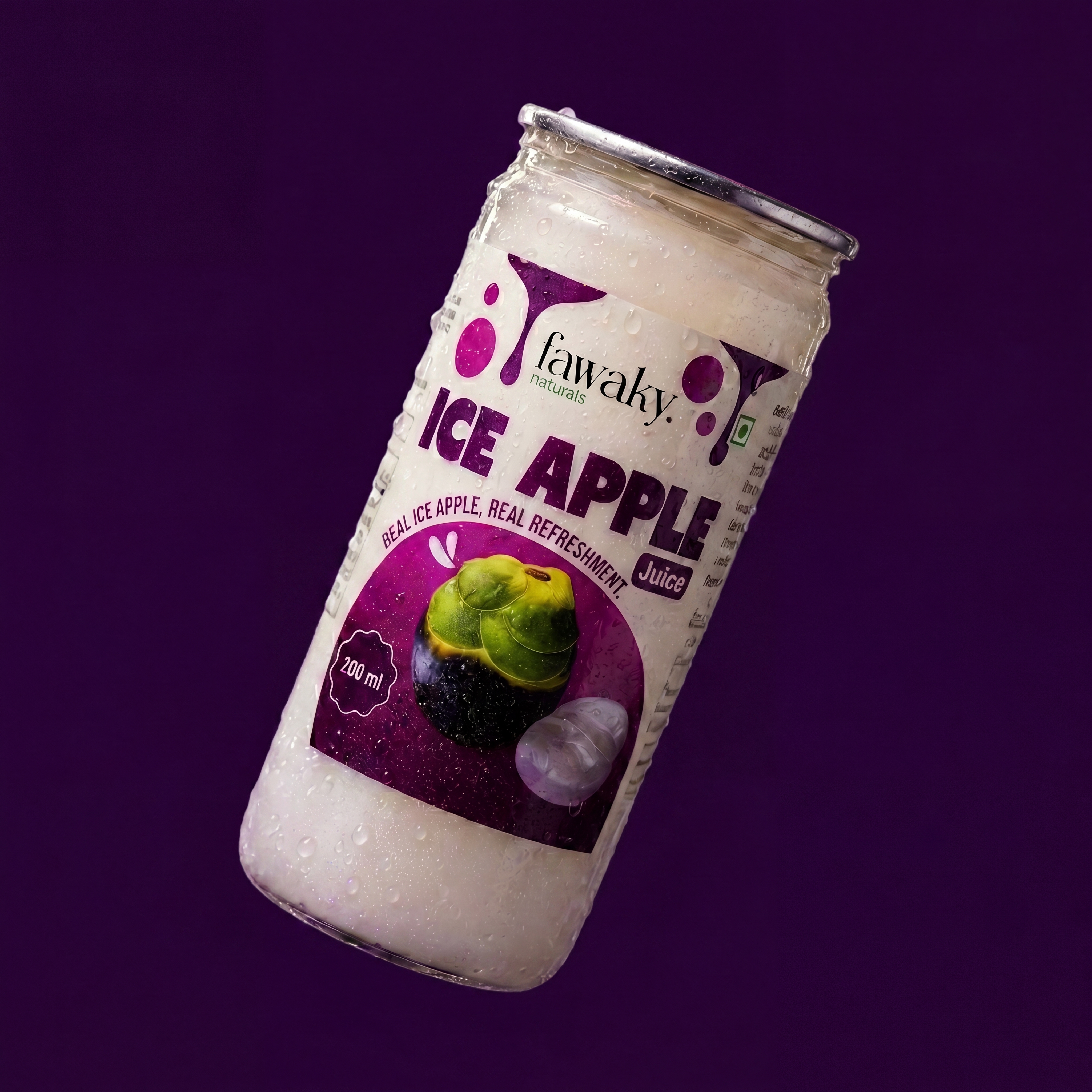 Fawaky can with dramatic cream splash on deep violet
